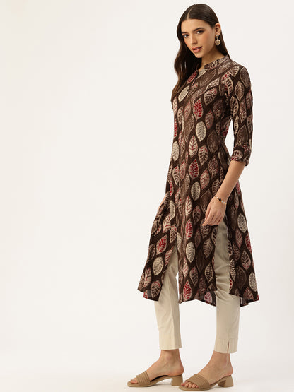 Brown Leaf Printed Mandarin Collar Kurta
