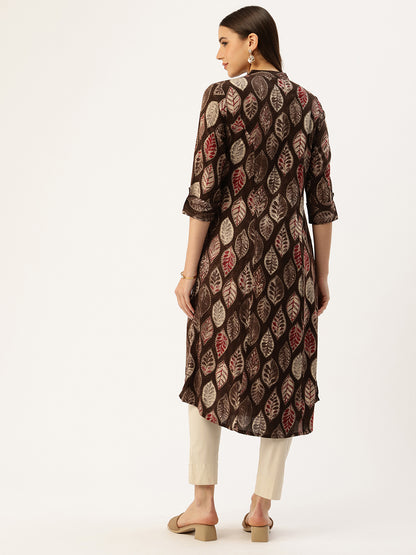 Brown Leaf Printed Mandarin Collar Kurta