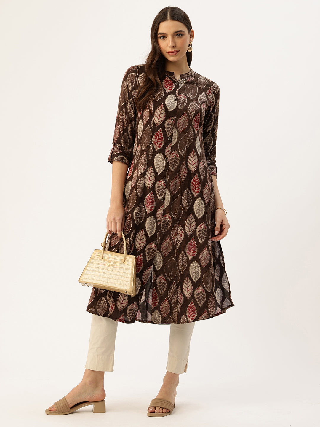 Brown Leaf Printed Mandarin Collar Kurta