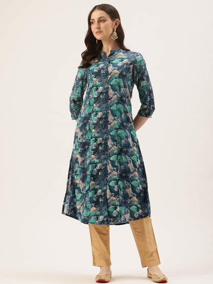 Blue Floral Printed Roll Up Sleeves A-Line Kurta
