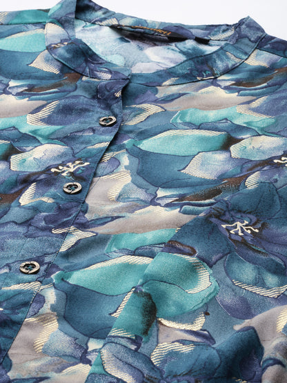 Blue Floral Printed Roll Up Sleeves A-Line Kurta
