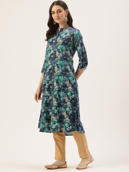 Blue Floral Printed Roll Up Sleeves A-Line Kurta