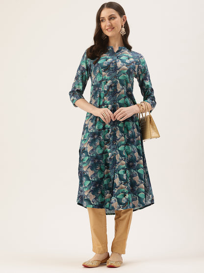 Blue Floral Printed Roll Up Sleeves A-Line Kurta