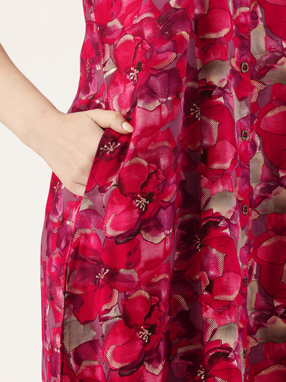 Pink Floral Printed A-Line Kurta