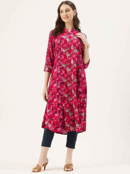 Pink Floral Printed A-Line Kurta