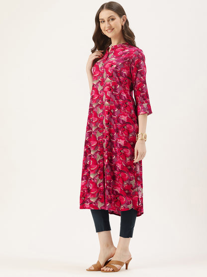 Pink Floral Printed A-Line Kurta
