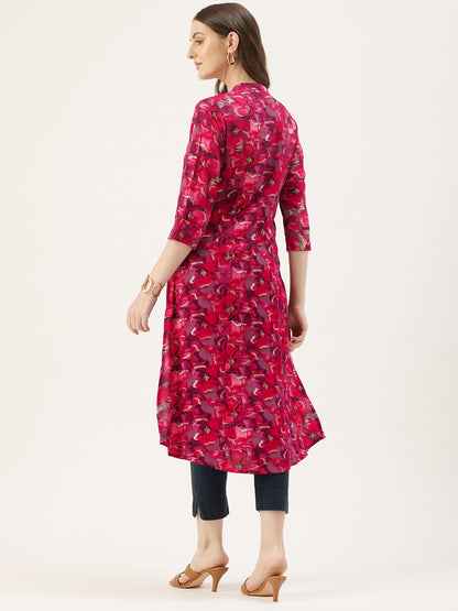 Pink Floral Printed A-Line Kurta