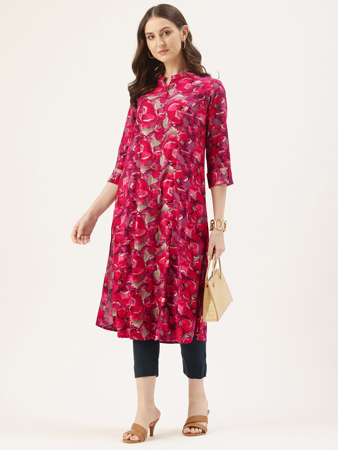 Pink Floral Printed A-Line Kurta