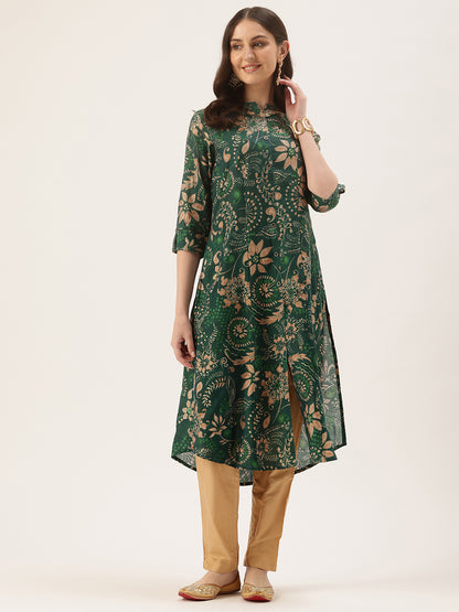 Green Floral Printed A-Line Kurta