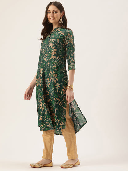 Green Floral Printed A-Line Kurta