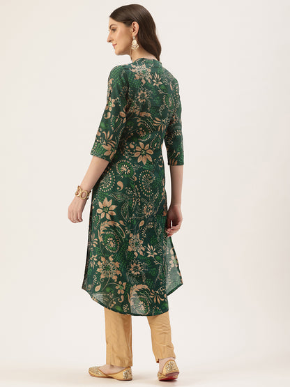 Green Floral Printed A-Line Kurta