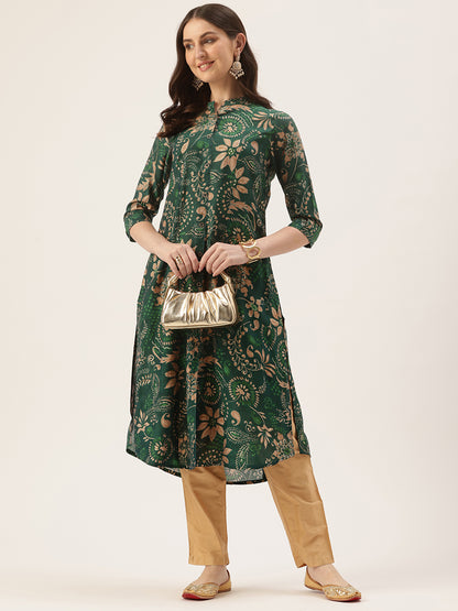 Green Floral Printed A-Line Kurta