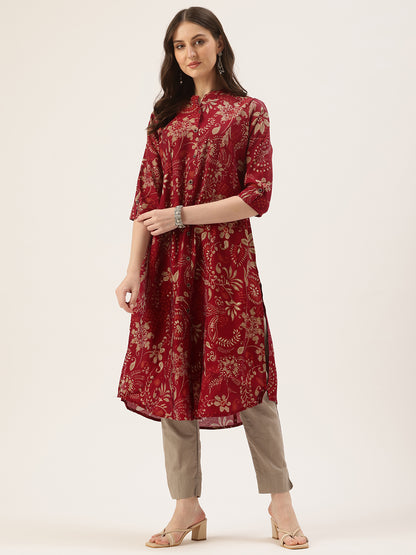 Maroon Floral Printed Roll Up Sleeves Kurta