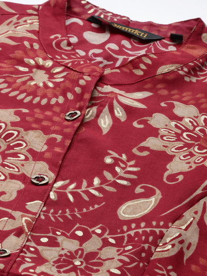 Maroon Floral Printed Roll Up Sleeves Kurta