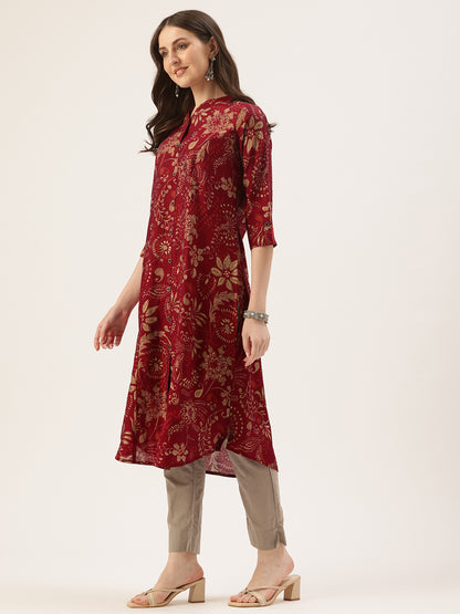 Maroon Floral Printed Roll Up Sleeves Kurta