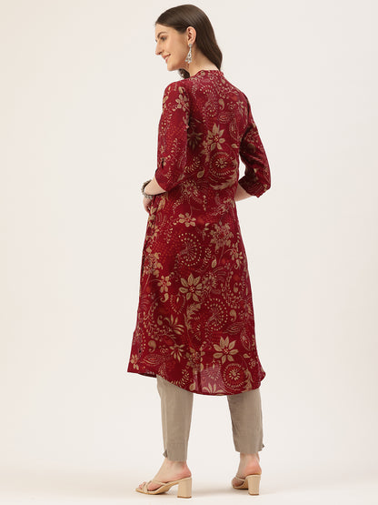 Maroon Floral Printed Roll Up Sleeves Kurta