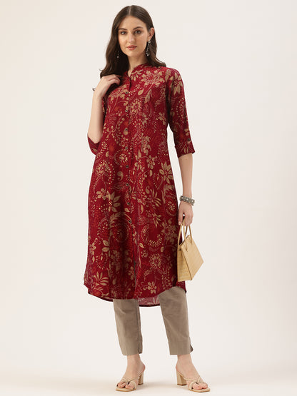 Maroon Floral Printed Roll Up Sleeves Kurta