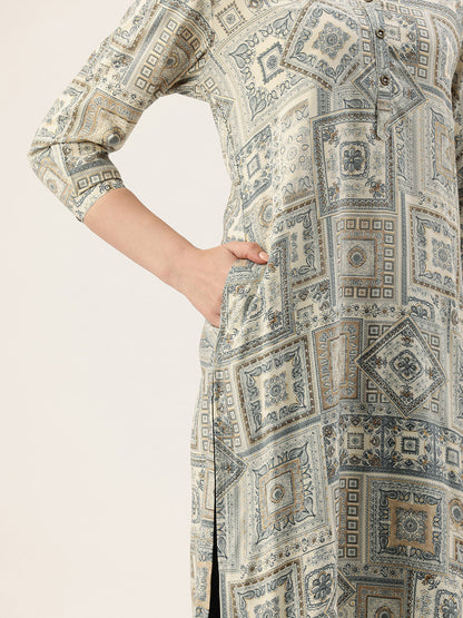 White Ethnic Motifs Printed Straight Kurta