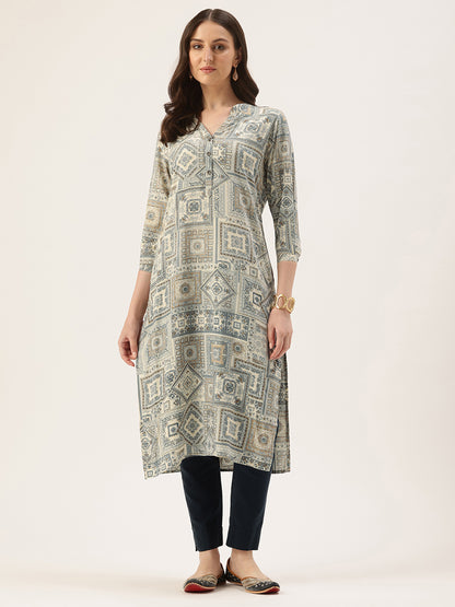 White Ethnic Motifs Printed Straight Kurta