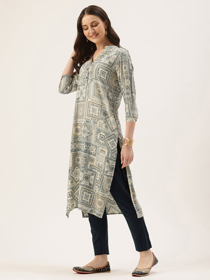 White Ethnic Motifs Printed Straight Kurta