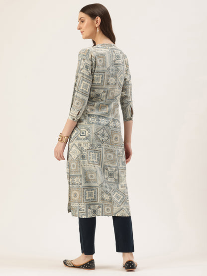 White Ethnic Motifs Printed Straight Kurta