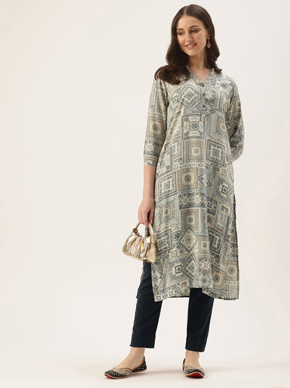 White Ethnic Motifs Printed Straight Kurta