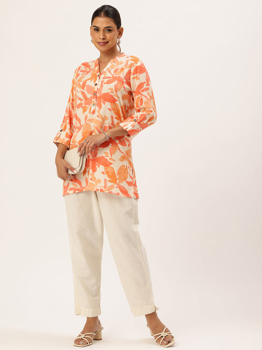 White & Orange Floral Printed Tunic