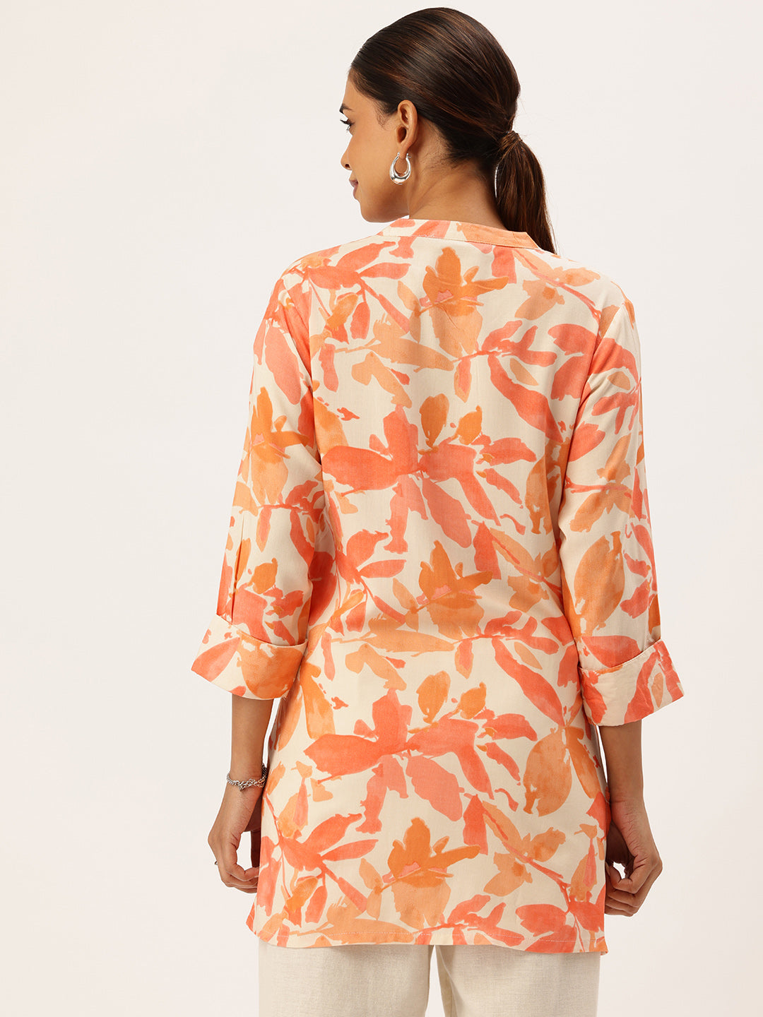 White & Orange Floral Printed Tunic