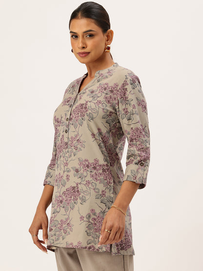 Grey Linen Floral Printed Tunic