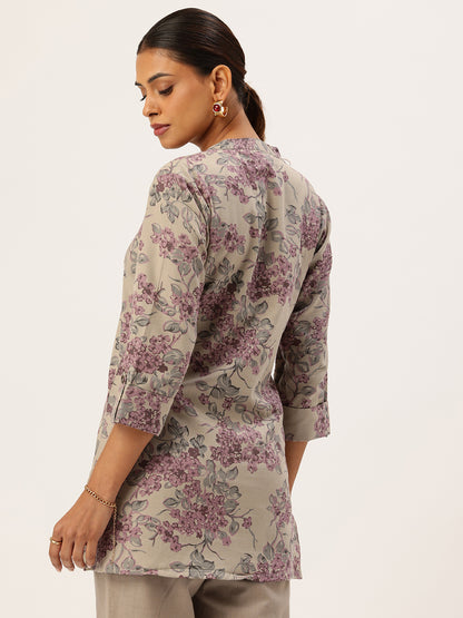 Grey Linen Floral Printed Tunic
