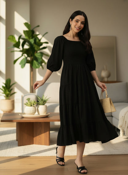 casual women's black dress Black Solid Cuffed Sleeves Dress – Amukti