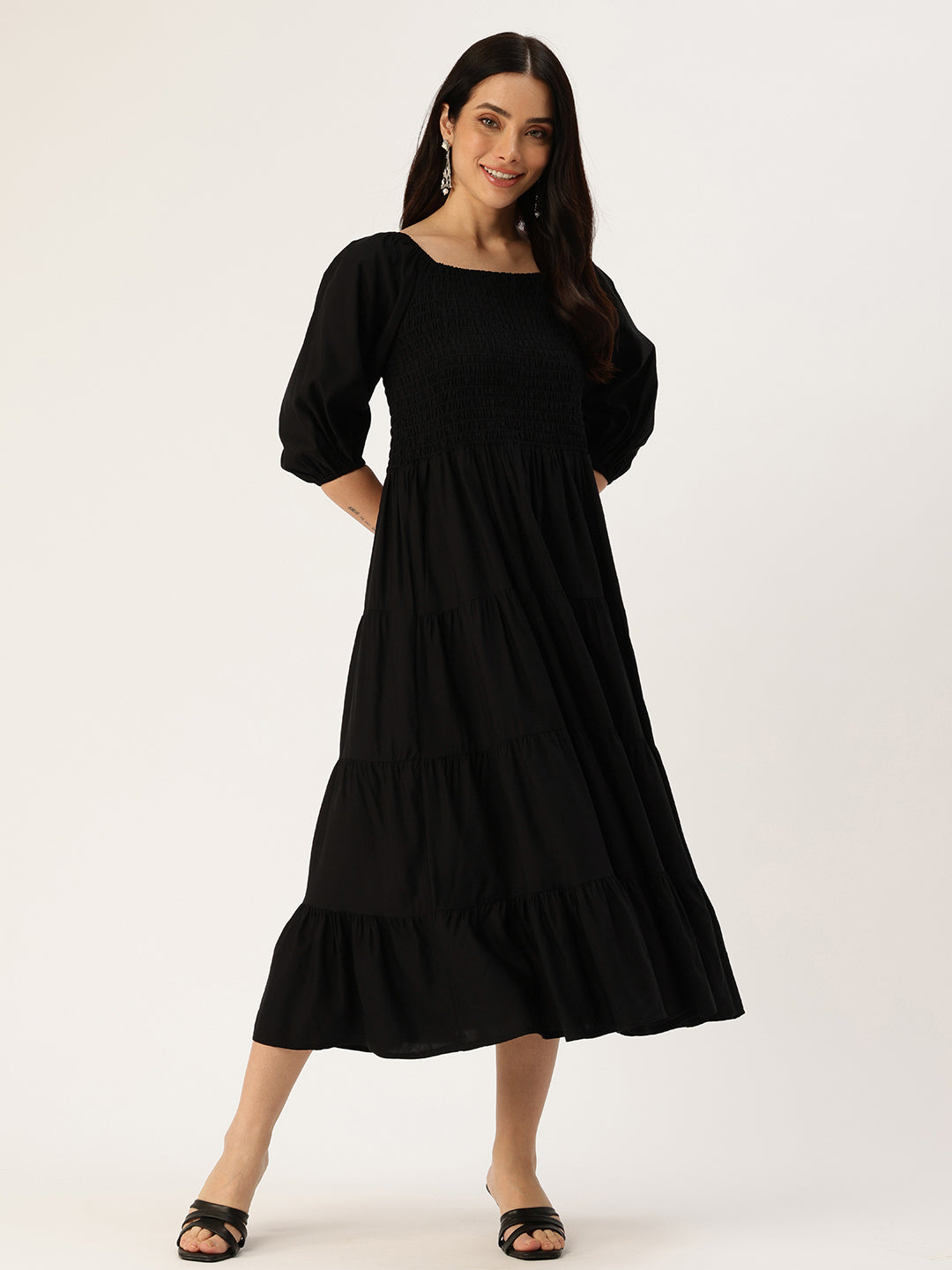 Black Solid Cuffed Sleeves Dress Amukti - The Women's Ethnic Fashion Store Black Solid Cuffed Sleeves Dress Amukti - The Women's Ethnic Fashion Store