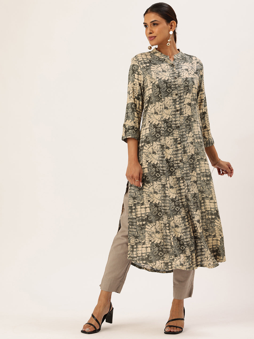 Olive Abstract Printed Mandarin Collar Kurta
