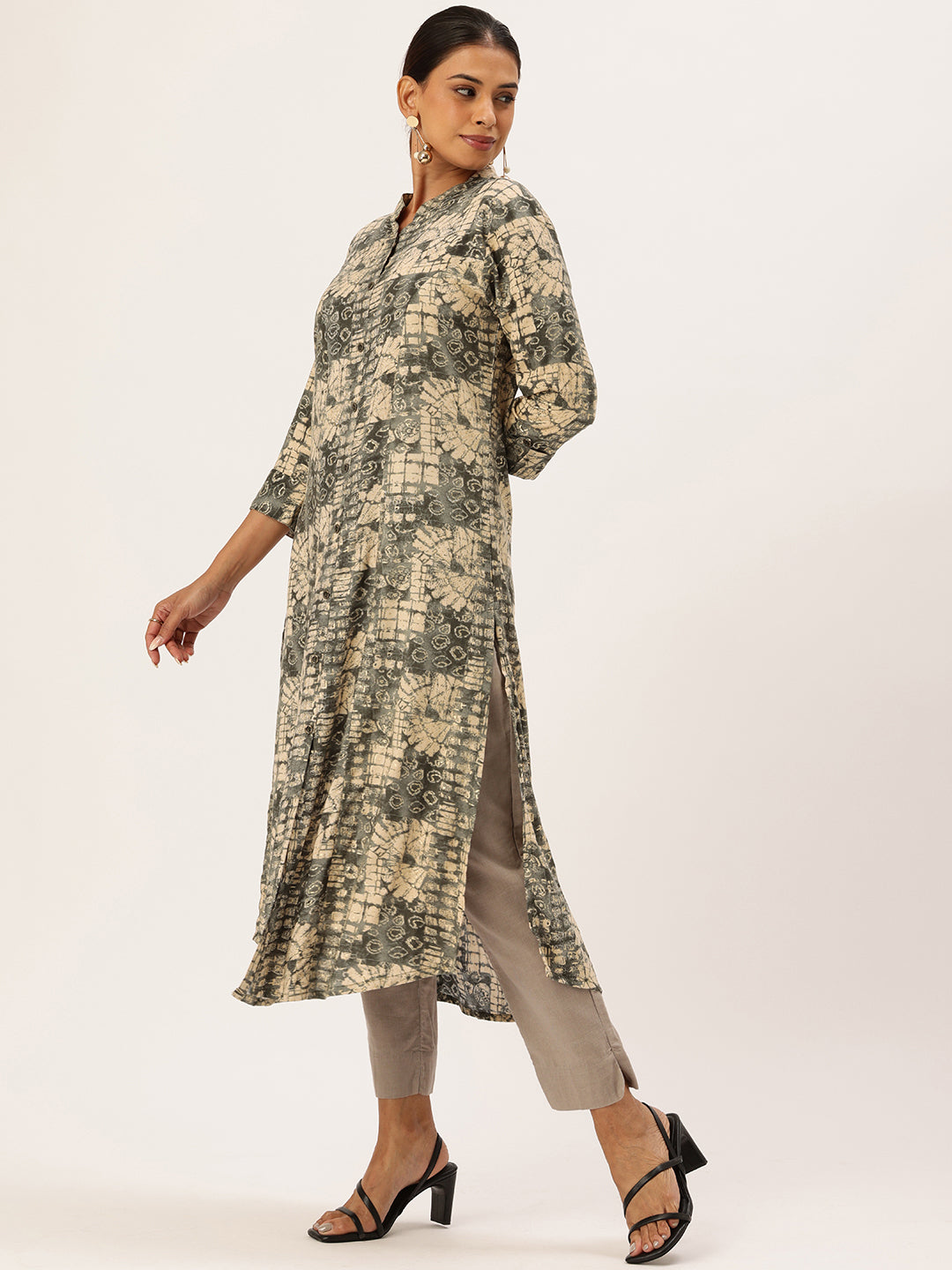 Olive Abstract Printed Mandarin Collar Kurta