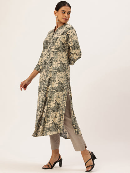 Olive Abstract Printed Mandarin Collar Kurta
