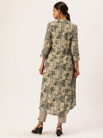 Olive Abstract Printed Mandarin Collar Kurta