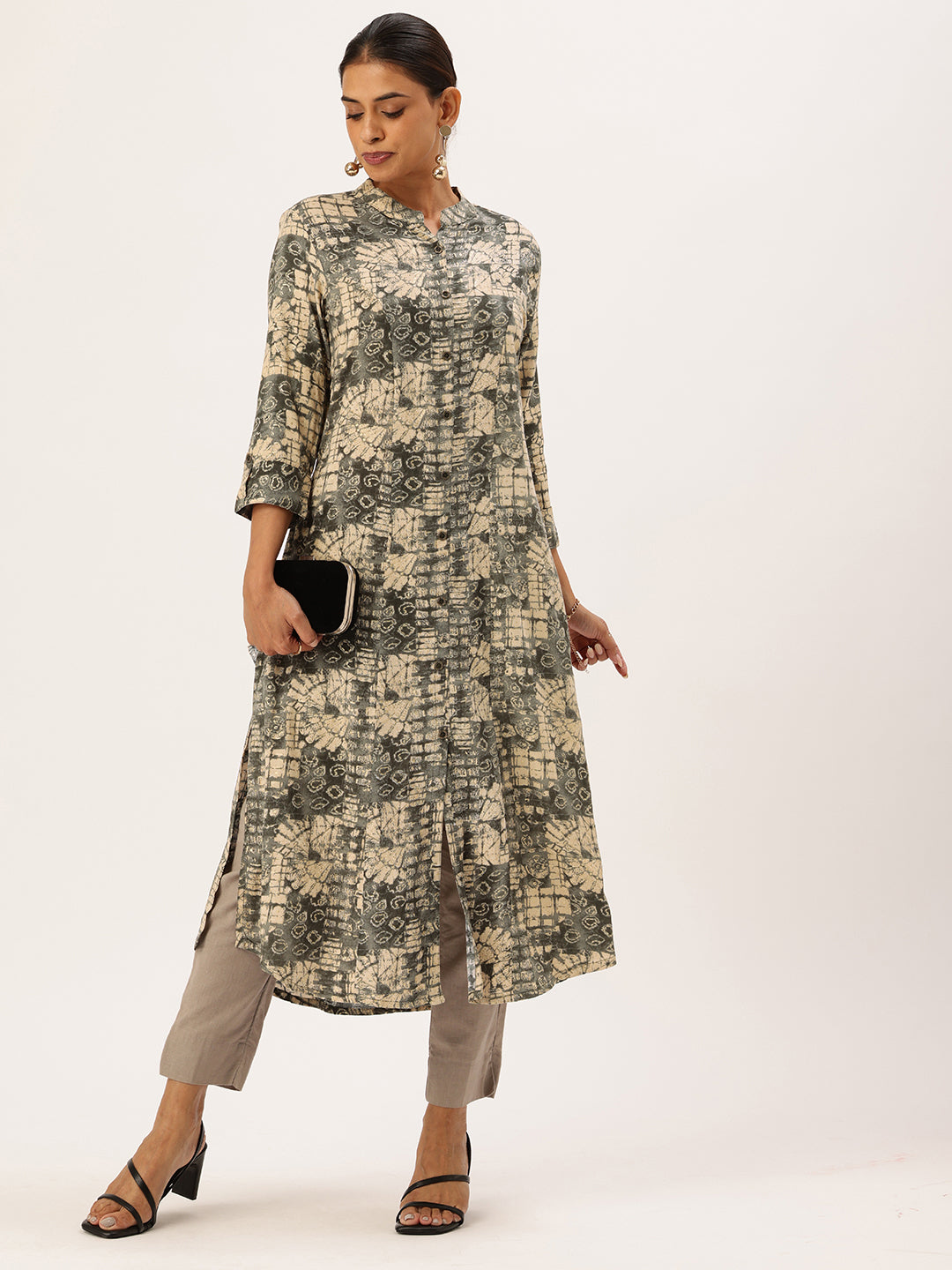 Olive Abstract Printed Mandarin Collar Kurta