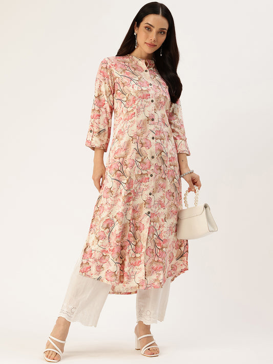 Off White Floral Printed Mandarin Collar Kurta