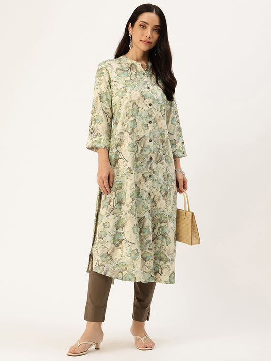 Off White & Olive Green Floral Printed Band Collar Kurta