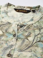 Off White & Olive Green Floral Printed Band Collar Kurta