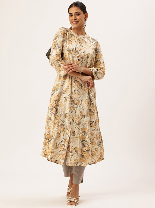Off White Floral Printed Mandarin Collar Kurta