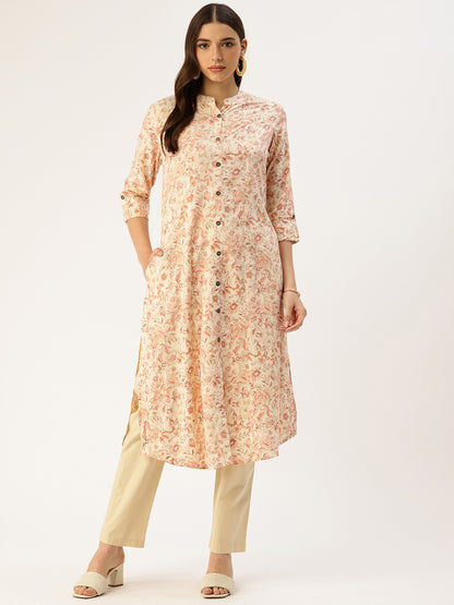 White & Beige Floral Printed Band Collar Kurta