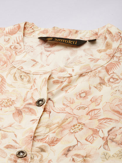 White & Beige Floral Printed Band Collar Kurta