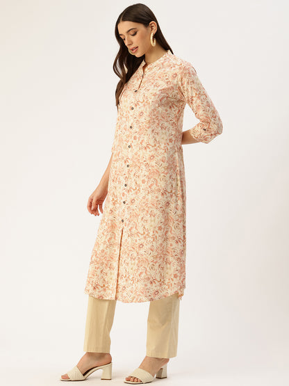 White & Beige Floral Printed Band Collar Kurta