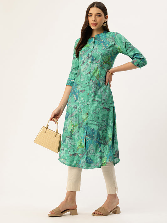 Green Floral Printed Mandarin Collar Kurta