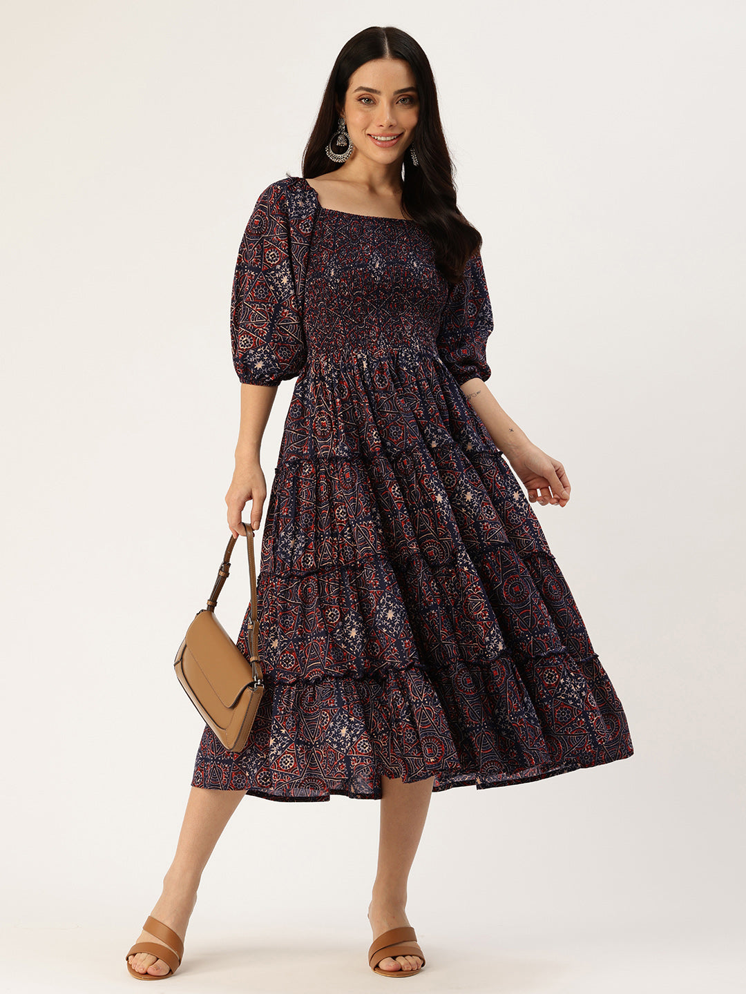 Blue Floral Printed Cuffed Sleeves Dress
