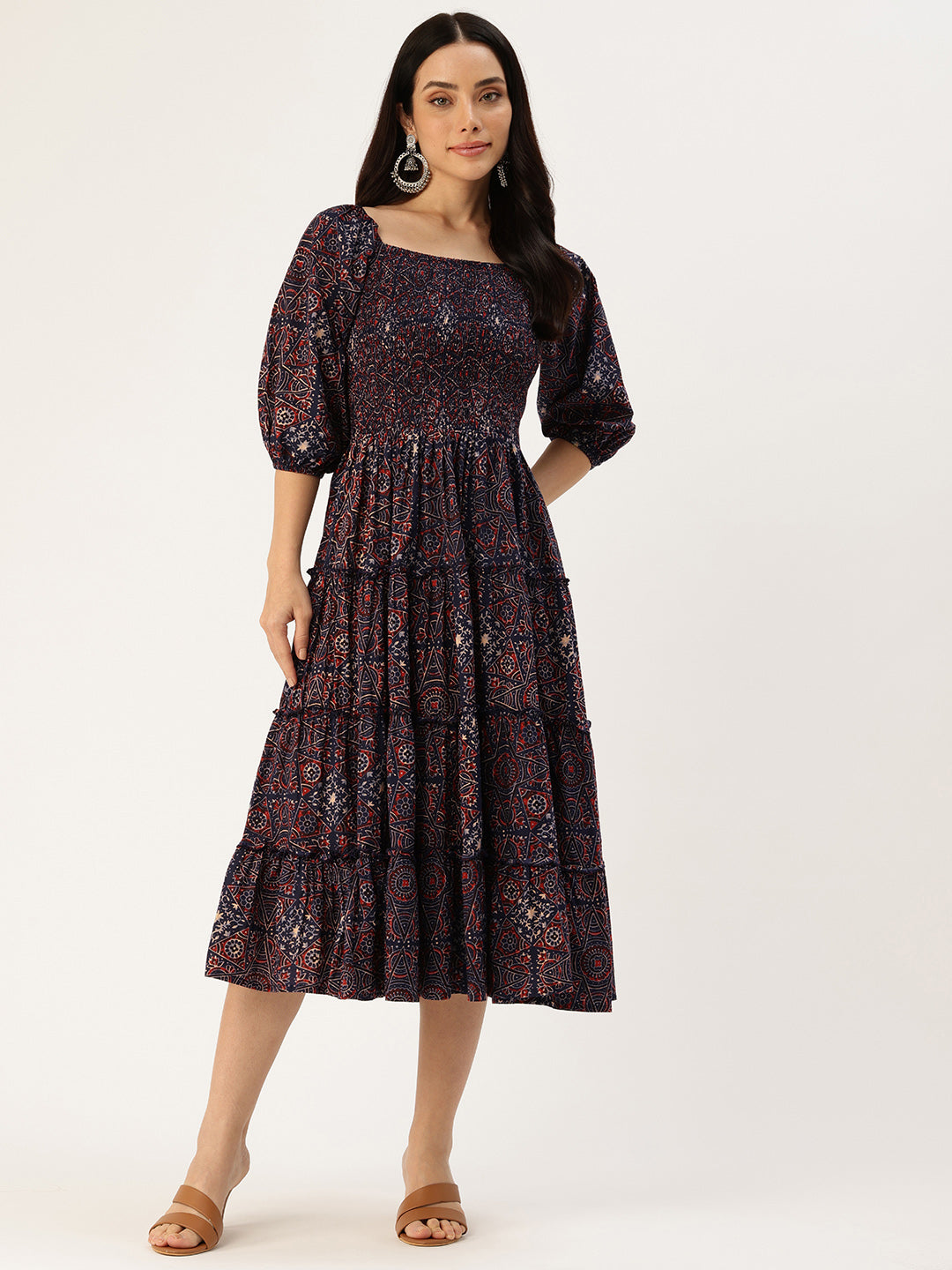 Blue Floral Printed Cuffed Sleeves Dress