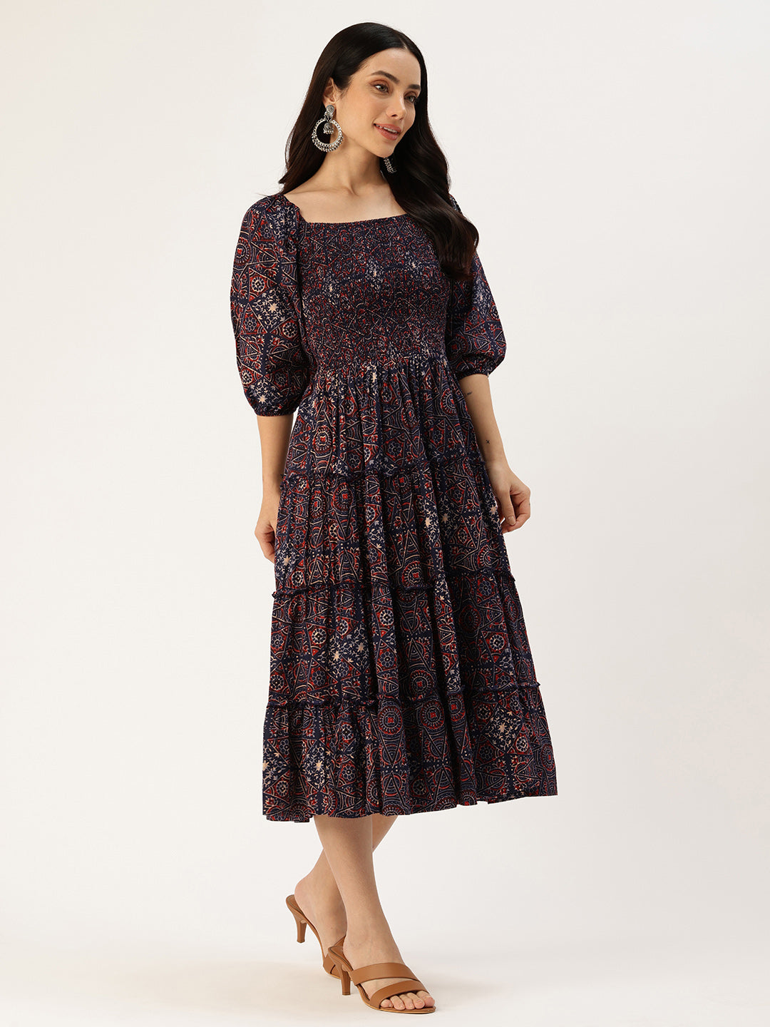 Blue Floral Printed Cuffed Sleeves Dress