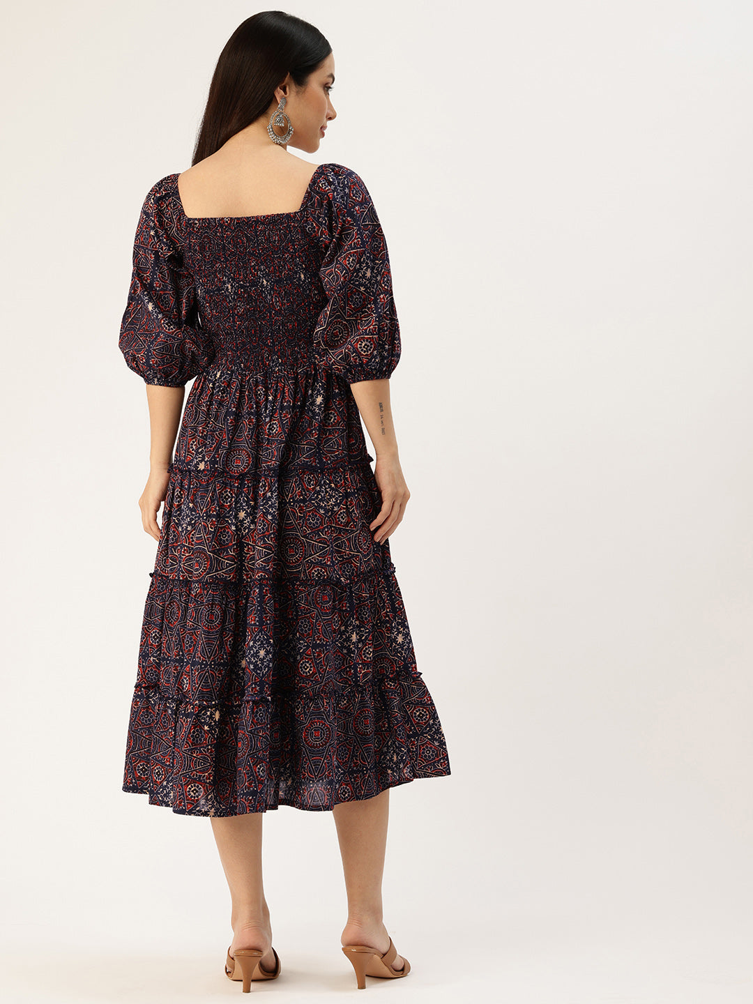 Blue Floral Printed Cuffed Sleeves Dress