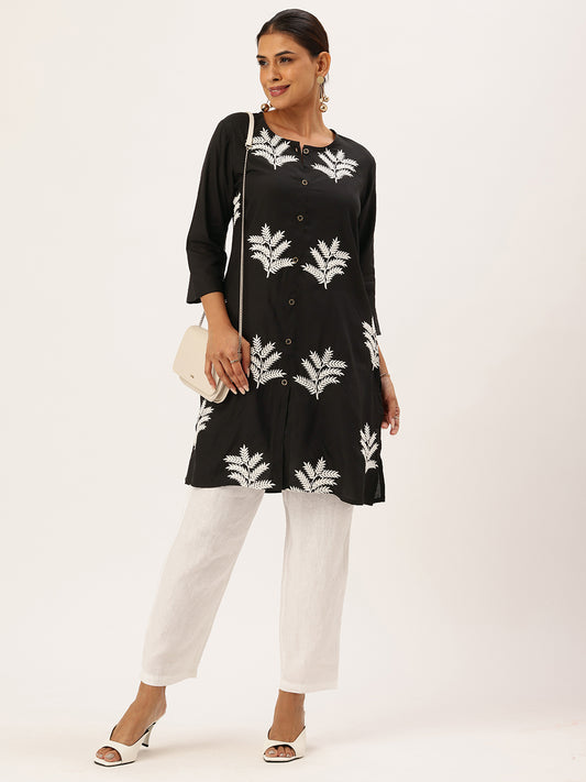 Black Leaf Embroidered Round Neck Kurta